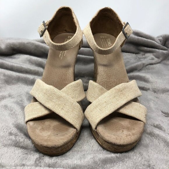 TOMS Natural Sierra Canvas Burlap Crisscross Open Toe Cork Wedge Sandals Sz 9.5 - Picture 2 of 11